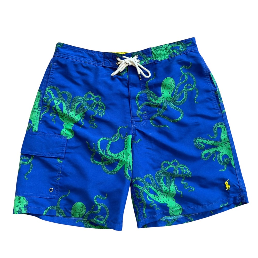 Polo Ralph Lauren Mens Blue Green Octopus Print Swim Trunks Medium Cargo Pocket